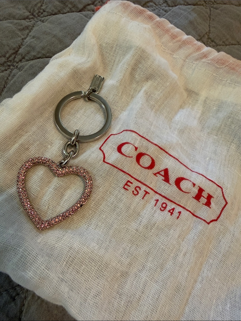 Coach Pink Crystal Heart Key Ring with Silver-Tone Hardware